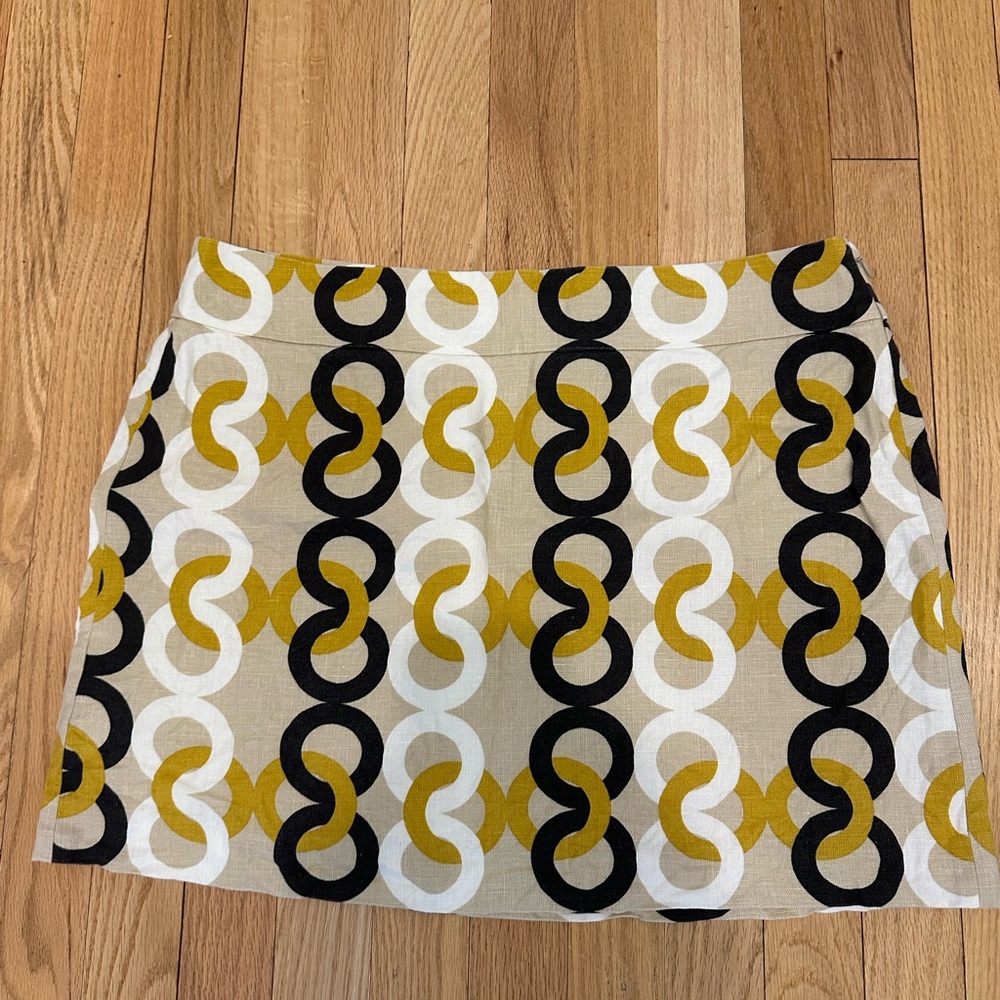 J. Crew Linen Mini Skirt with Black, White, and Gold Pattern